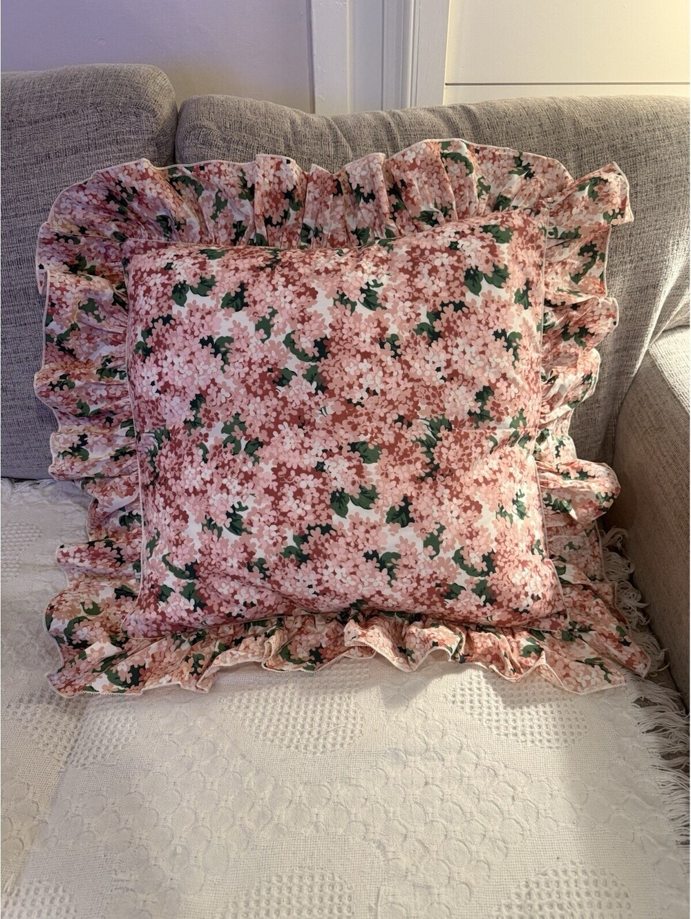 Handmade 20 X 20 Decorative Pillow Ruffle Trim Pink Green Floral Upcycled